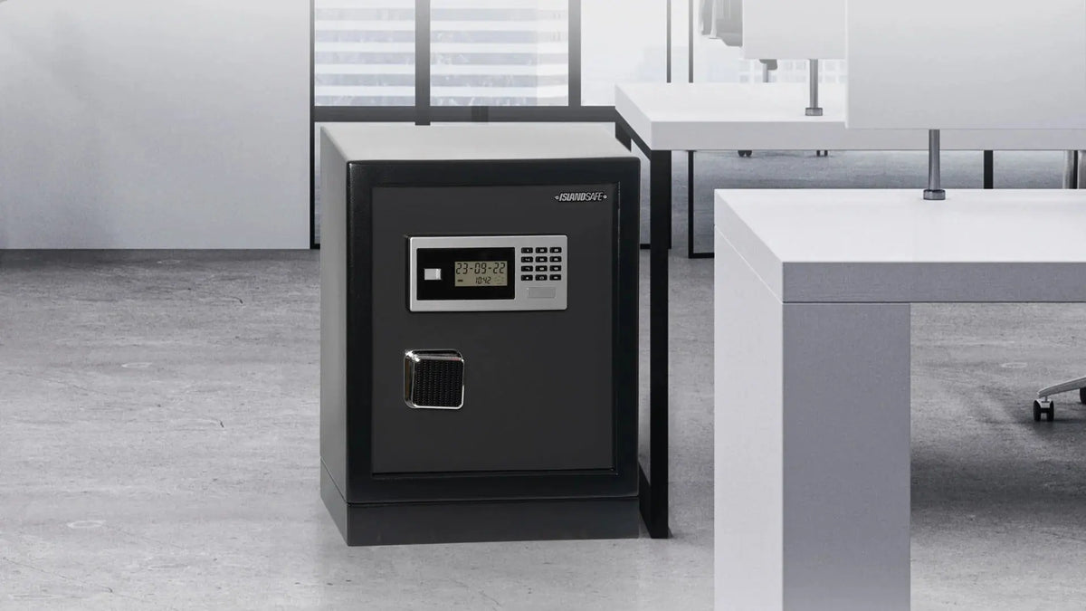 Modern hidden home office with compact safe integrated into minimalist workspace