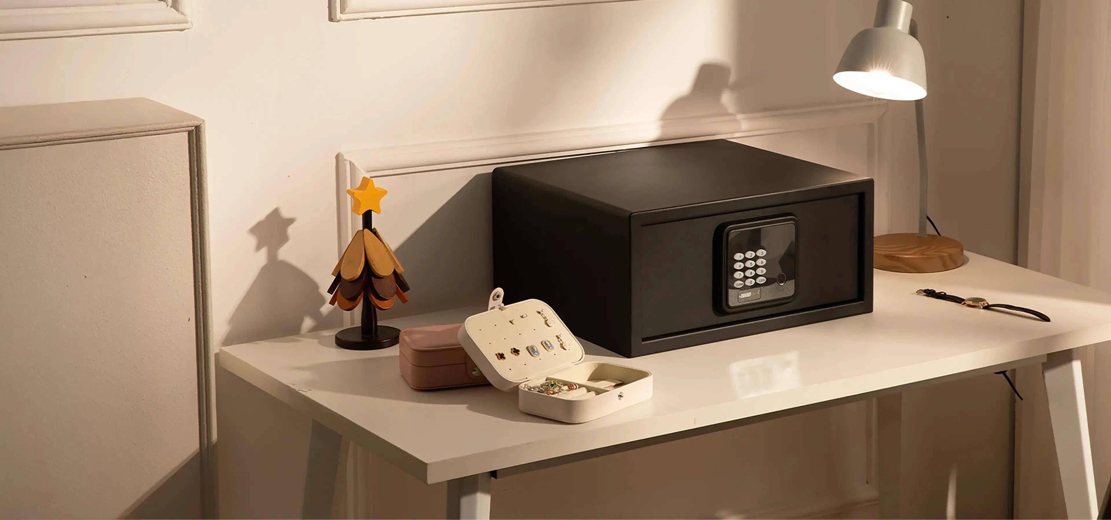 Modern homeowner posting vacation photos while valuables remain secured inside ISLANDSAFE home safe